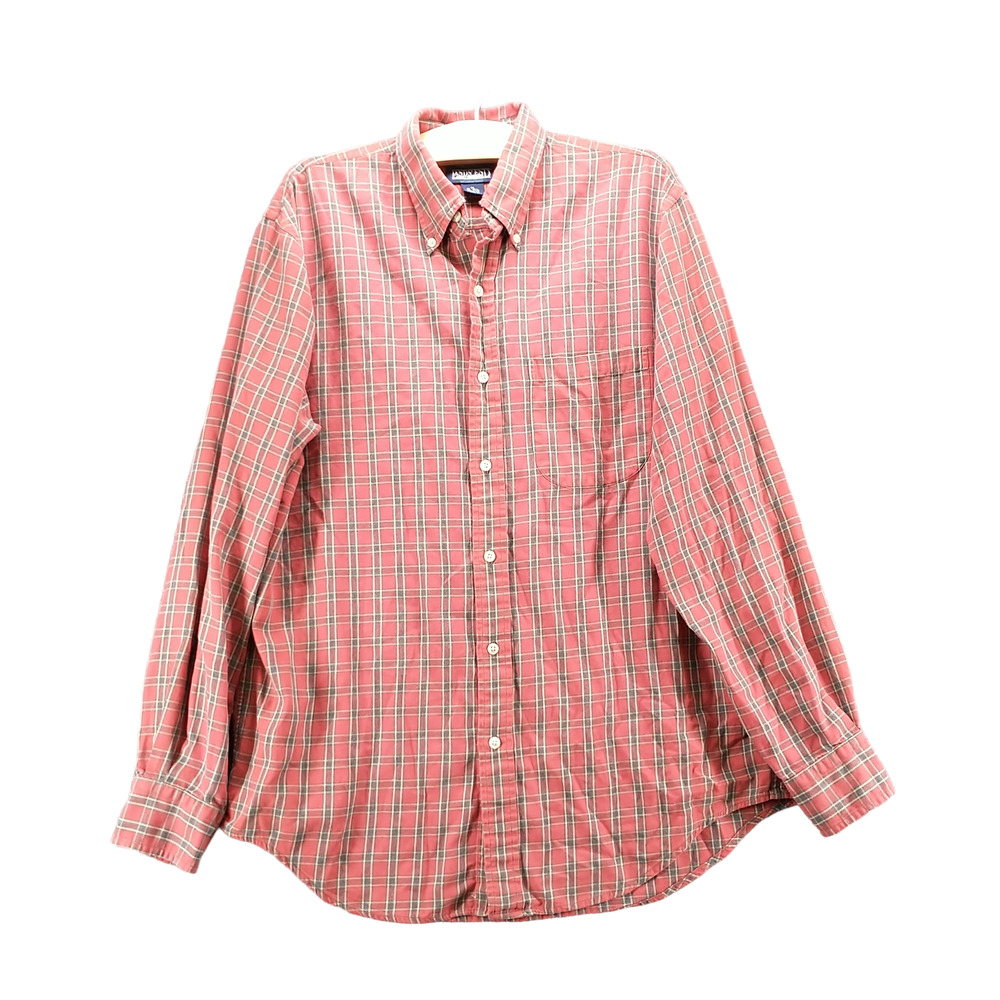 Lands' End Direct Merchants Men's Button-Down Shirt Red Plaid Medium 15-15.5